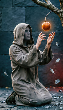 Vertical photo of a soot stained hooded figure reaching for a glowing amber fruit. Dark fantasy scene of temptation and gluttony
