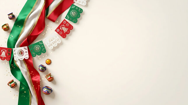 Generative AI Mexican Independence Day advertising banner with festive ribbons, papel picado on border and vast empty copy space