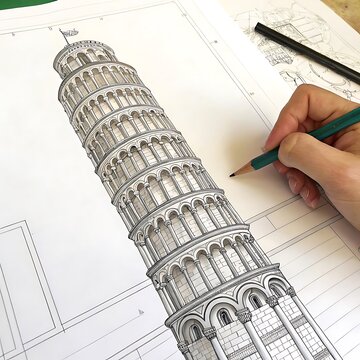 Person sketching the leaning tower of Pisa with colored pencils