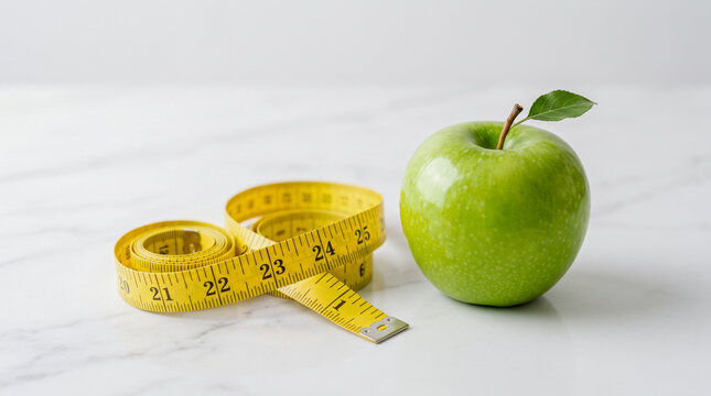 Green apple with leaf next to yellow measuring tape on white marble surface