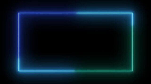 Neon glowing rectangular frame with blue and green gradient light effect on black background, border rectangle