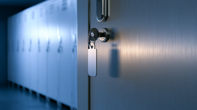 Key unlocking metal locker door in a school corridor