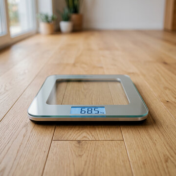 Digital glass bathroom scale displaying weight reading 68.5 kg on a light wooden floor.