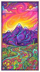 Obraz premium Vibrant Psychedelic Landscape with Swirling Colorful Mountains and Winding River under a Cosmic Sky