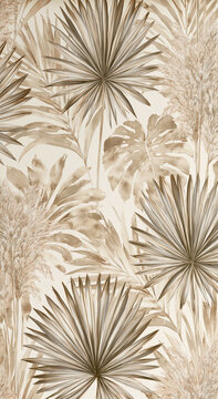 A seamless pattern featuring botanical watercolor illustrations of tropical palm leaves and pampas grass. Perfect for elegant interior wallpaper and textile design.