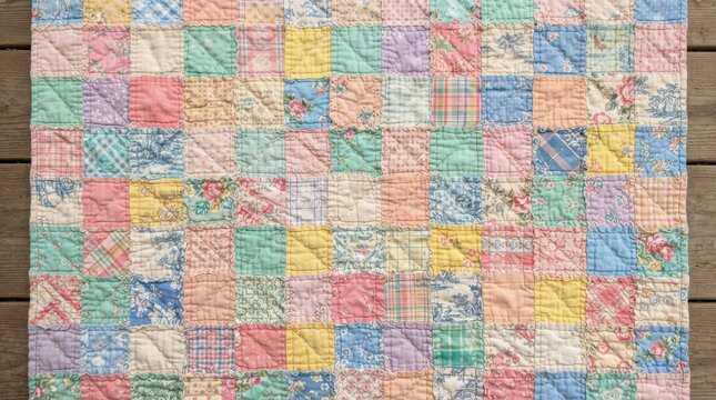 Vintage patchwork quilt with colorful fabric squares on wooden surface