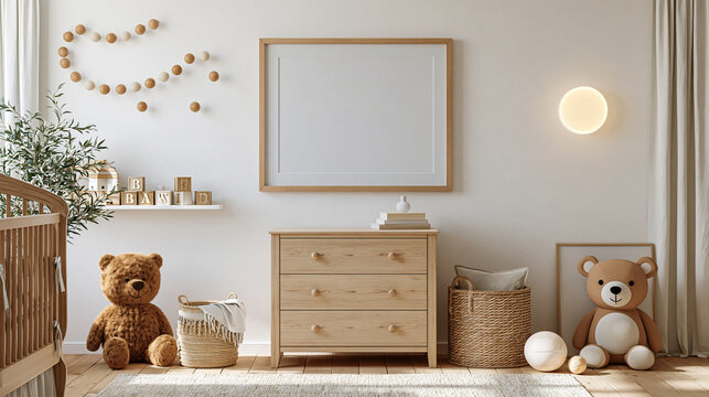 Cozy neutral nursery interior with wooden frame mockup, cute toys, and dresser. Perfect template for child bedroom design presentation.
