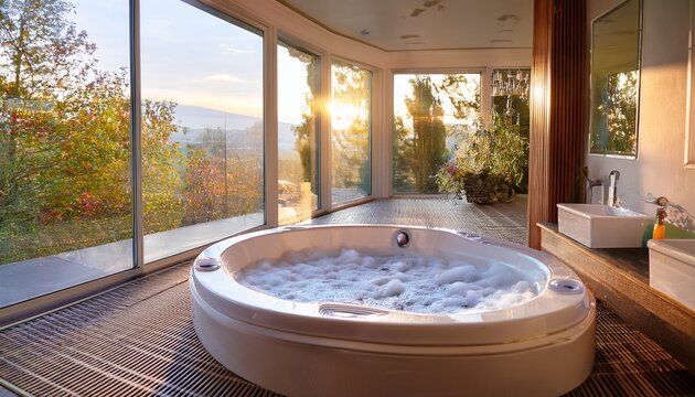luxurious round jacuzzi tub filled with bubbles in a bright bathroom with large windows and sunlit views