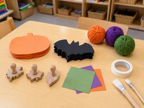 Non-food Halloween classroom craft supplies on a table