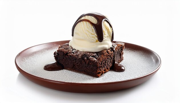 warm fudgy chocolate brownie topped with vanilla ice cream hot fudge whipped cream isolated on white background