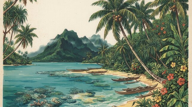 Tropical island landscape with mountains, lagoon, canoes and palm trees