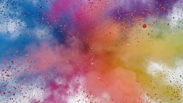 Colorful powder bursts and disperses in a dynamic explosion against a white backdrop color burst particle vibrant spray