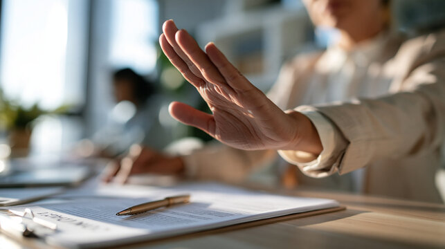Cropped view of a corporate executive in a light suit pushing a contract and pen away with a dismissive open hand at a bright office desk framed from the shoulders down white walls and