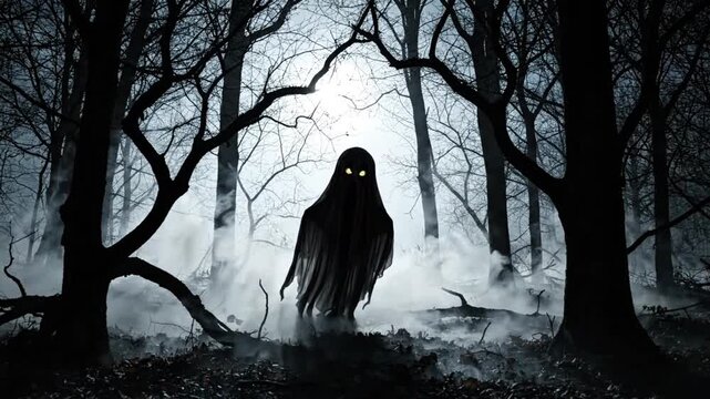 Scary Ghost with Glowing Eyes in Dark Foggy Forest Halloween Horror Background