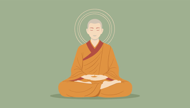 Buddhist monk meditating in peaceful lotus position with closed eyes and halo effect over head on soft green background.