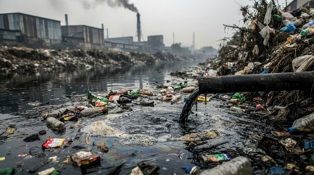 Industrial wastewater discharge and plastic pollution in polluted river