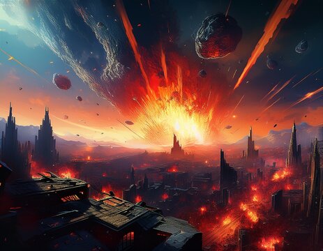 a city is destroyed by a meteor shower with the sky filled with fiery debris
