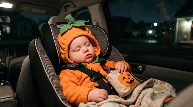 Adorable sleeping baby in pumpkin Halloween costume in car seat