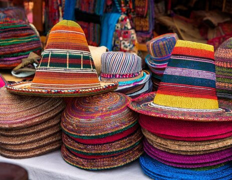 woven andean hats with colorful patterns and designs are displayed for sale in the otavalo market ecuador
