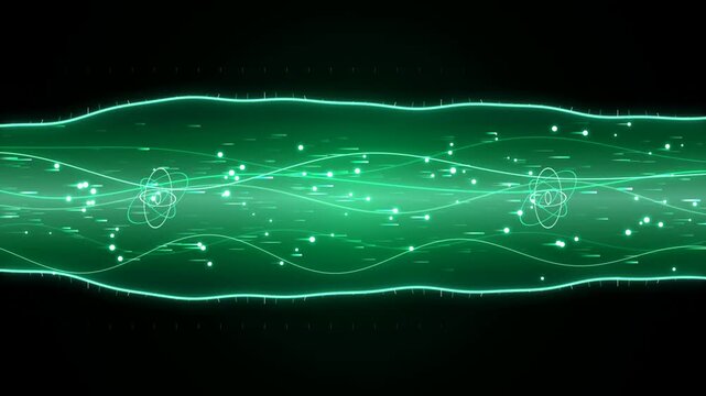 Glowing green energy wave with atomic particles flowing horizontally on a black background