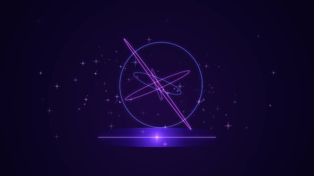 Glowing neon atomic orbits spinning in a dark space filled with sparkling purple stars