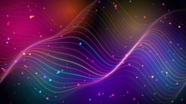 Glowing neon wave background with colorful moving lines and floating particle bokeh lights