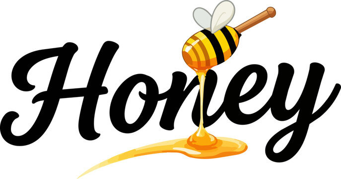 Honey text logo with wooden dipper, dripping golden syrup vector illustration, organic bee product branding element