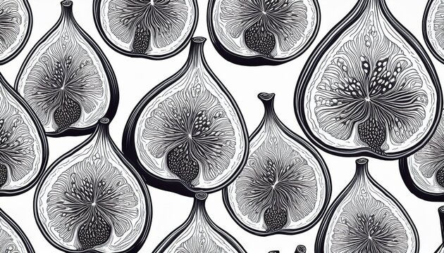 whitened background highlights intricate outline of black fig fruit slice seeds engraved in monochrome unique pattern