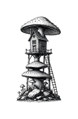 Fototapeta premium Vintage surreal engraving of a whimsical mushroom house on stacked fungi