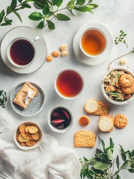 A delightful tea party scene with assorted pastries, biscuits, and cups of tea, complemented by fresh greenery