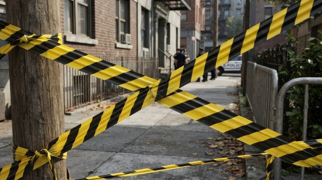 Black and yellow caution tape blocking off city street crime scene