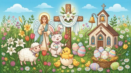 Fototapeta premium Easter scene with cute animals, angel, wooden cross, and church