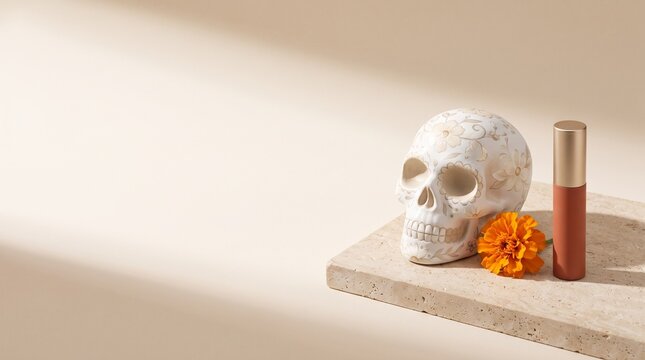 Decorative skull with cosmetic lipstick bottle on neutral stone podium, minimalist flatlay, spooky aesthetic, Day of the Dead