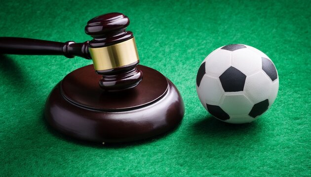justice in sport gavel and soccer ball on green felt highlight legal aspects of athletics integrity and fair play in competition and governance