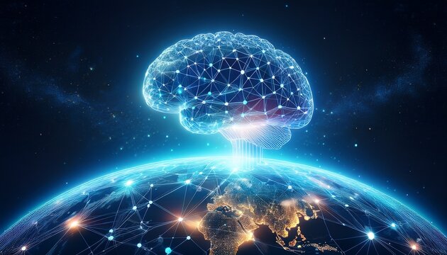 artificial intelligence concept with glowing digital brain floating above planet earth connected to global network