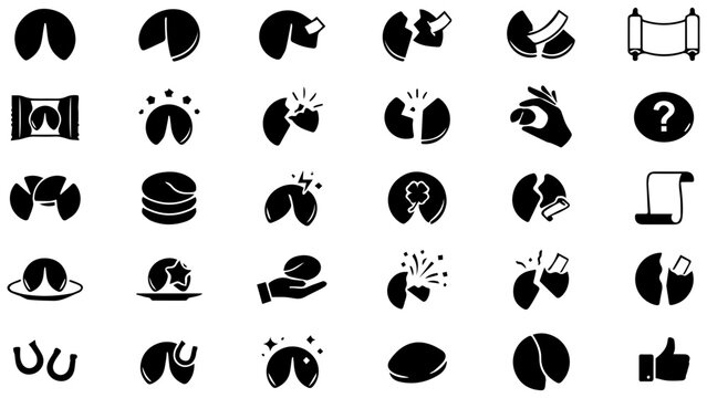 Set of black fortune cookie icons showing various broken and whole cookies with paper messages