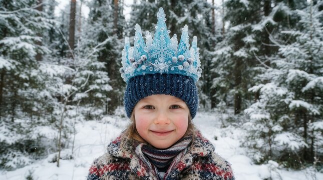 Little girl in winter forest wearing a blue ice crown and knitted hat