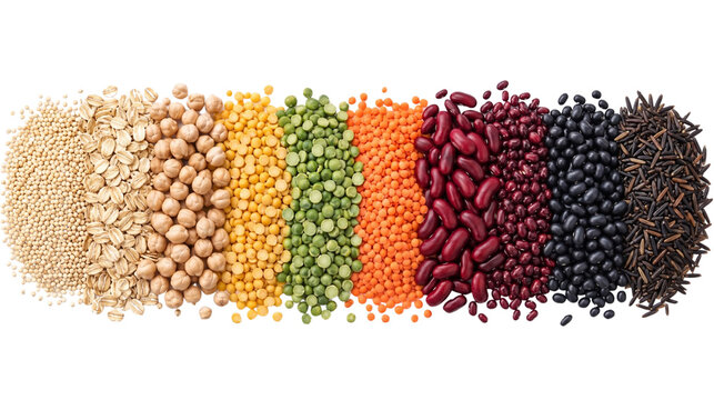 Assorted legumes and pulses arranged in colorful horizontal rows