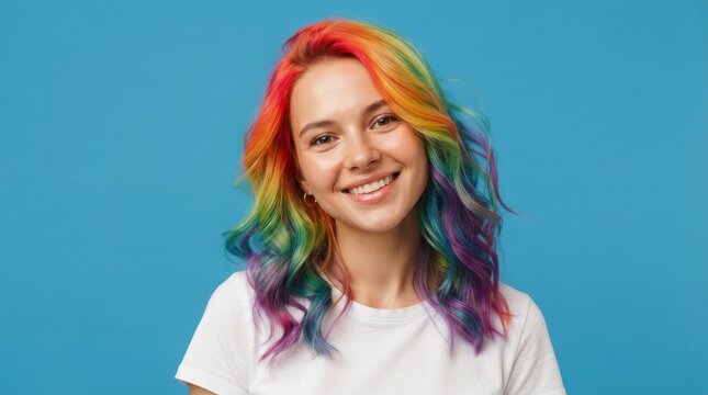 Young woman with vibrant rainbow colored wavy hair smiling