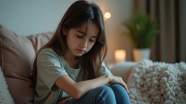 A pensive young girl with long brown hair sits on a couch, lost in thought, conveying a sense of introspection at home.