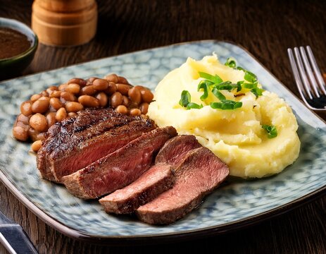 sliced steak on a plate served with mashed potatoes and beans