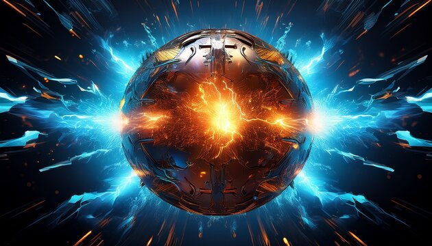 a metallic spherical cracking open with intense internal fire and blue electrical energy bursting from the center