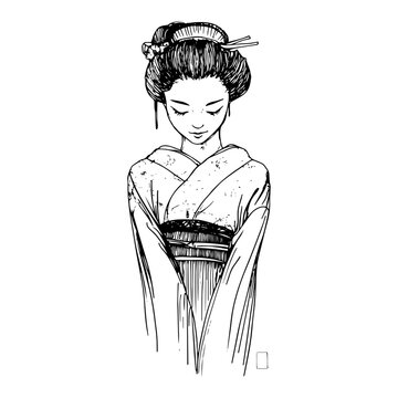 Japanese woman wearing traditional kimono with classic hairstyle in elegant line art style