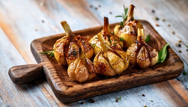 close up of roasted garlic bulbs golden brown served on wooden board