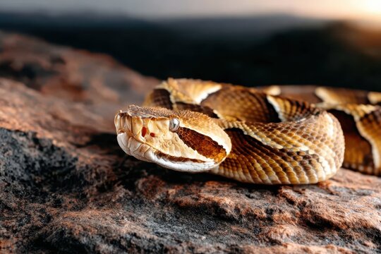 A detailed shot captures a timber rattlesnake, showcasing its distinctive pattern and textures as it rests on the rocky ground, an excellent representation of wildlife