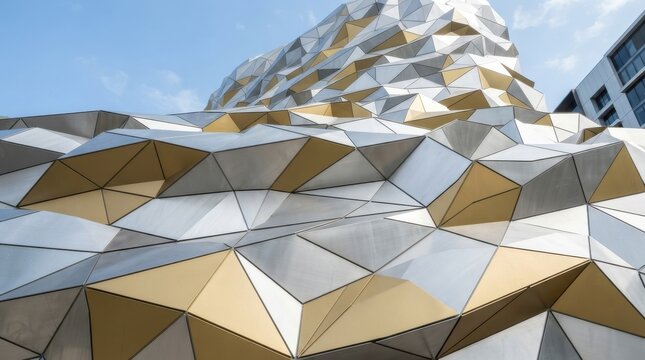 Modern architectural facade with geometric metallic triangular panels