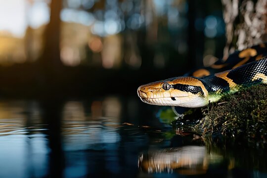 A ball python is positioned near water, a moment that highlights nature and the captivating details of this reptile