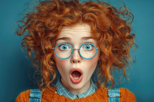 A woman with red curly hair shows an exaggerated surprised expression wearing round blue glasses, capturing a funny and cute moment of astonishment