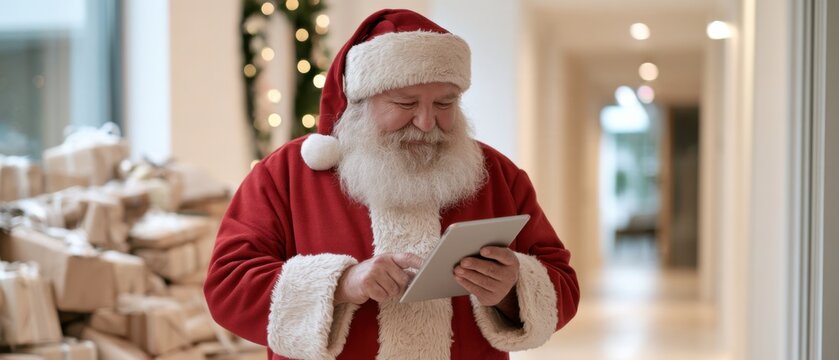 Santa Claus in red suit and hat using tablet device in a festive hallway decorated with Christmas lights and surrounded by wrapped gift boxes