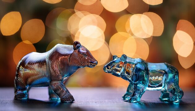crystal bull and bear figurines in focus against a blurred bokeh background cinematic photography with high fidelity detail suitable for finance themes stock market concepts and decorative art